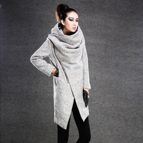 Asymmetrical Wool Coat - grey - cowl neck - Picture 5 of 5